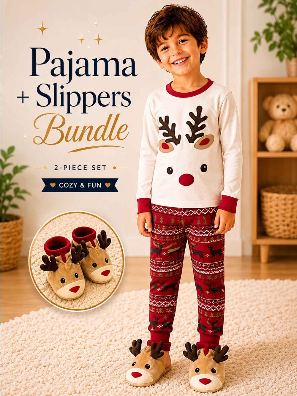 GYMBOREE Cozy Reindeer Christmas Pajamas + Slippers  size 3T